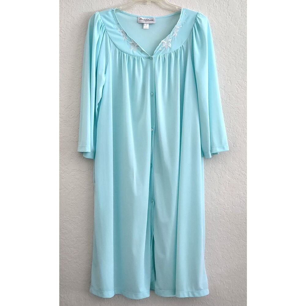 Nightgown-Miss Elaine-Blue-Nylon-Long-Button Up Front-White Floral at Neck-Small